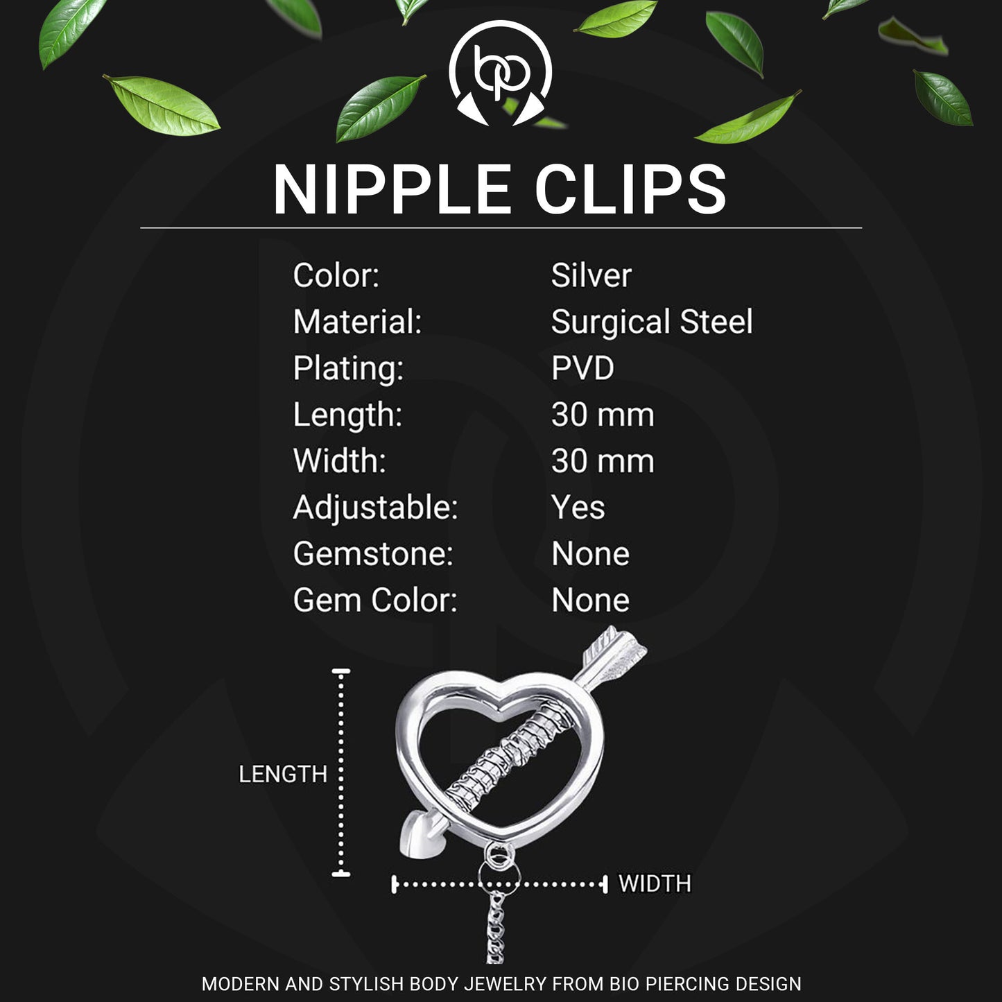 Surgical Steel Nipple Clips with Hearts and Chain