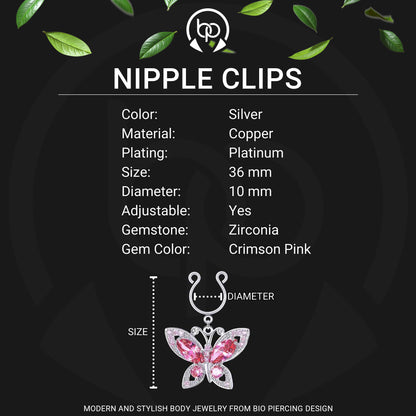 Silver Plated Nipple Clips with Crimson Butterflies